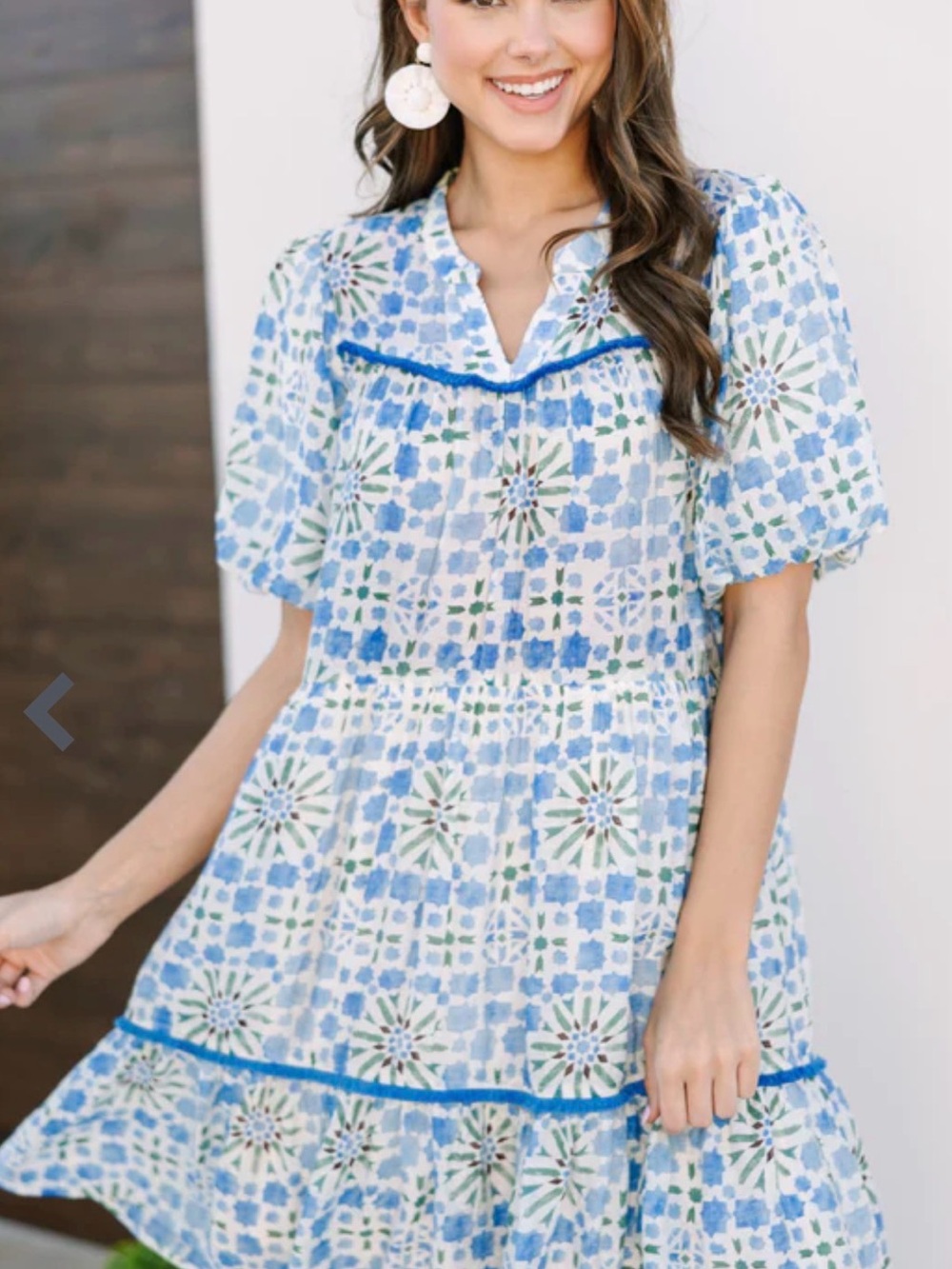 Voy Fringe Trimmed/Yoke Hem Ruffle Puff-Sleeve Dress